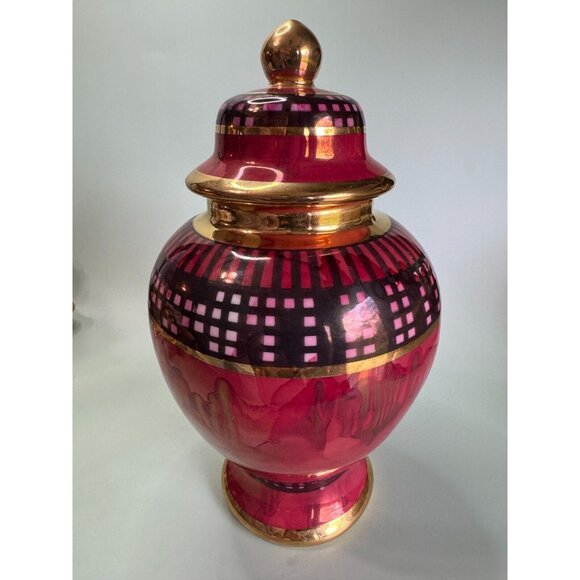 Tall Red & Black Urn Ginger Jar Gold Gild Trim Unknown Makers Mark on Bottom - Picture 7 of 11